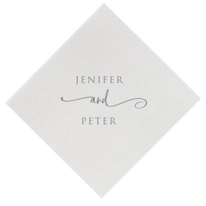Embrace elegance with the Elegant Swirl Napkin design, where the couple's names elegantly unite through a lavish, swirling 'and'. This captivating design, with its formal and artistic font, adds a touch of sophistication to wedding celebrations, symbolizing a beautiful union in style.
