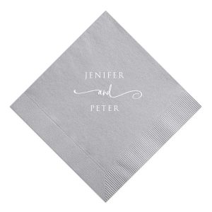 Embrace elegance with the Elegant Swirl Napkin design, where the couple's names elegantly unite through a lavish, swirling 'and'. This captivating design, with its formal and artistic font, adds a touch of sophistication to wedding celebrations, symbolizing a beautiful union in style.