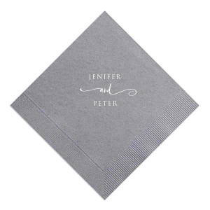 Embrace elegance with the Elegant Swirl Napkin design, where the couple's names elegantly unite through a lavish, swirling 'and'. This captivating design, with its formal and artistic font, adds a touch of sophistication to wedding celebrations, symbolizing a beautiful union in style.