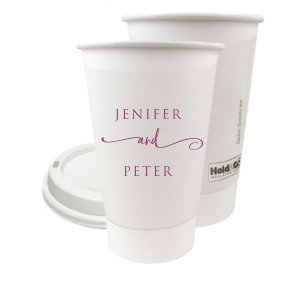 The Swirl Script Duo Cup design combines simplicity with a dash of flair. The couple's names are elegantly stacked, connected by a playful, elongated 'and' in swirling lowercase script. This design adds a touch of whimsy to a classic, understated style.