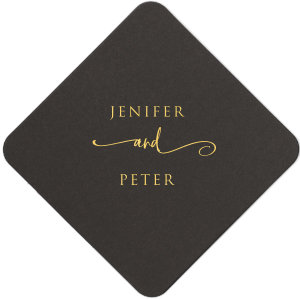 Embrace elegance with the Stylish Symmetry Name Coaster design, where the bride and groom's names elegantly unite through a lavish, swirling 'and'. This captivating design, with its formal and artistic font, adds a touch of sophistication to wedding celebrations, symbolizing a beautiful union in style.
