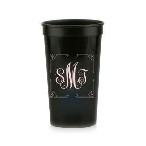 Our personalized Black 16 oz Stadium Cup with Matte Blush Ink Cup Ink Colors has a Rococo Frame  graphic and is good for use in Wedding, Birthday and Home  parties and can't be beat. Showcase your style in every detail of your party's theme!