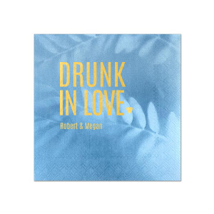 The Drunk In Love Napkin playfully captures the euphoria of love, featuring "DRUNK IN LOVE" in bold, large letters, accented with a solid heart. Below, the couple's names in smaller block letters add a personalized touch, symbolizing the blissful, stress-free joy found in love and celebration.