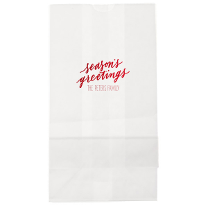 Wrap your presents in the spirit of the season with the Season’s Greetings Holiday Gift Bag, featuring 'season’s greetings' in a gentle script. Below, your family name personalizes this festive carrier, extending a hand of holiday joy with every gift given