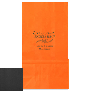 The Love is Sweet Rose Flourish Bag is a delightful token of gratitude for any celebration. Adorned with the heartfelt phrase "Love is Sweet, So take a Treat!" and a graceful rose garland, it's personalized with the couple's names and date, offering a charming way to share joyous treats.