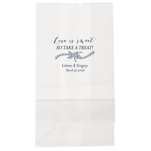 The Love is Sweet Rose Flourish Bag is a delightful token of gratitude for any celebration. Adorned with the heartfelt phrase "Love is Sweet, So take a Treat!" and a graceful rose garland, it's personalized with the couple's names and date, offering a charming way to share joyous treats.