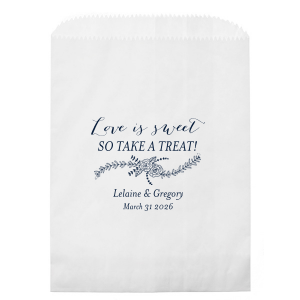 The Love is Sweet Rose Flourish Bag is a delightful token of gratitude for any celebration. Adorned with the heartfelt phrase "Love is Sweet, So take a Treat!" and a graceful rose garland, it's personalized with the couple's names and date, offering a charming way to share joyous treats.