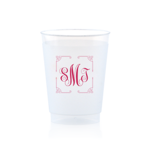 ForYourParty's personalized 9 oz Frost Flex Cup with Matte Fuchsia Ink has a Rococo Frame graphic and classic 3 letter monogram is good for use in Wedding, Anniversary and Birthday themed parties and are a must-have for your next event—whatever the celebration!