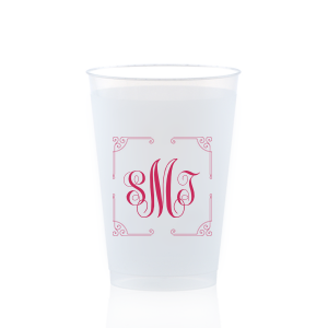ForYourParty's personalized 9 oz Frost Flex Cup with Matte Fuchsia Ink has a Rococo Frame graphic and classic 3 letter monogram is good for use in Wedding, Anniversary and Birthday themed parties and are a must-have for your next event—whatever the celebration!