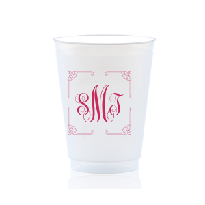 ForYourParty's personalized 9 oz Frost Flex Cup with Matte Fuchsia Ink has a Rococo Frame graphic and classic 3 letter monogram is good for use in Wedding, Anniversary and Birthday themed parties and are a must-have for your next event—whatever the celebration!