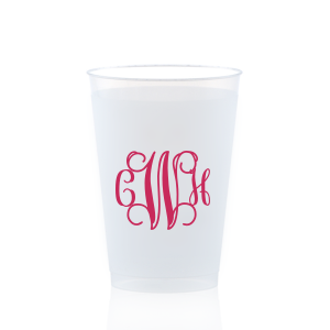 The Artistic Flourish Vine Monogram Frosted Cup design elegantly showcases a monogram of intertwined vine-like flourishes. This complex, artistic, design invites a closer look to decipher the initials, making a sophisticated and decorative statement that reflects the couple's unique style and penchant for flair.