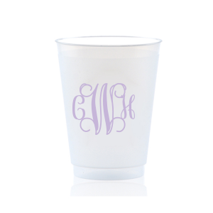 The Artistic Flourish Vine Monogram Frosted Cup design elegantly showcases a monogram of intertwined vine-like flourishes. This complex, artistic, design invites a closer look to decipher the initials, making a sophisticated and decorative statement that reflects the couple's unique style and penchant for flair.
