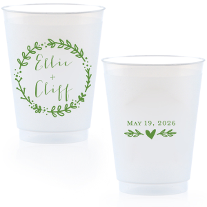 This Wreath Names Cup features a romantic botanical wreath surrounding the couple’s names on one side and a sweet heart accent with a special date on the other. Order a set to serve drinks with a charming, custom touch guests will love. Lovely for wedding receptions!
