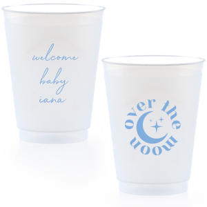 Celebrate your baby shower with custom cups! Personalize with the name of the baby to be, and revel in the beautiful of the moon motif design. 