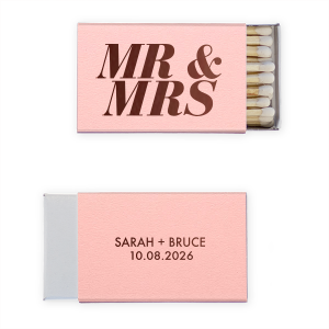 The Bold Mr. & Mrs. Matches features “Mr. and Mrs.” in oversized typography and a clean, modern, customizable name and date layout on the back for a timeless celebratory detail. Choose it to add a polished finishing touch that guests will remember. A great choice for elevated wedding details or reception tables.