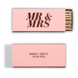 The Bold Mr. & Mrs. Matches features “Mr. and Mrs.” in oversized typography and a clean, modern, customizable name and date layout on the back for a timeless celebratory detail. Choose it to add a polished finishing touch that guests will remember. A great choice for elevated wedding details or reception tables.