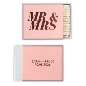 The Bold Mr. & Mrs. Matches features “Mr. and Mrs.” in oversized typography and a clean, modern, customizable name and date layout on the back for a timeless celebratory detail. Choose it to add a polished finishing touch that guests will remember. A great choice for elevated wedding details or reception tables.