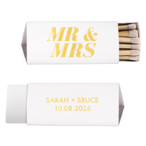 The Bold Mr. & Mrs. Matches features “Mr. and Mrs.” in oversized typography and a clean, modern, customizable name and date layout on the back for a timeless celebratory detail. Choose it to add a polished finishing touch that guests will remember. A great choice for elevated wedding details or reception tables.