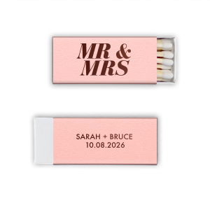 The Bold Mr. & Mrs. Matches features “Mr. and Mrs.” in oversized typography and a clean, modern, customizable name and date layout on the back for a timeless celebratory detail. Choose it to add a polished finishing touch that guests will remember. A great choice for elevated wedding details or reception tables.
