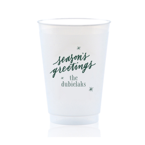 Season's Greetings Snowflake Cup is perfect for the holiday season! Personalize this cup with your family's last name for a Christmas or holiday party. This snowflake custom cup will have a big impact at your event. 