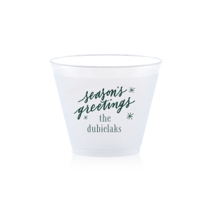 Season's Greetings Snowflake Cup is perfect for the holiday season! Personalize this cup with your family's last name for a Christmas or holiday party. This snowflake custom cup will have a big impact at your event. 