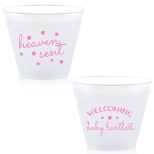 Sip from the stars with the Heaven Sent Baby Shower Cup. "Heaven Sent" and stars dazzle on the front, symbolizing that perfect gift from above. The reverse warmly welcomes the baby's arrival with their name surrounded by stars, making each sip an ethereal celebration of joy!