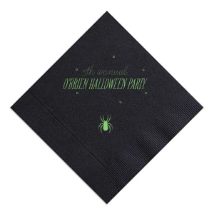 Creep it real with the Spider Halloween Napkin, where a spooky spider dangles from eerie lettering. Perfect for adding a frightful flair, this napkin invites personalization on two lines, ensuring each treat—and trick—is wrapped in Halloween spirit. Give your guests a scare they'll remember!