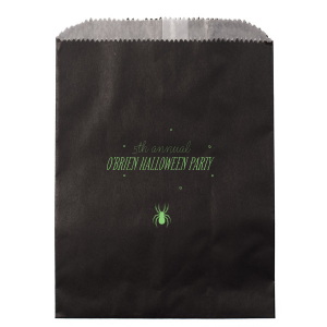 Creep it real with the Spider Halloween Bag, where a spooky spider dangles from eerie lettering. Perfect for adding a frightful flair, this bag invites personalization on two lines, ensuring each treat—and trick—is wrapped in Halloween spirit. Give your guests a scare they'll remember!