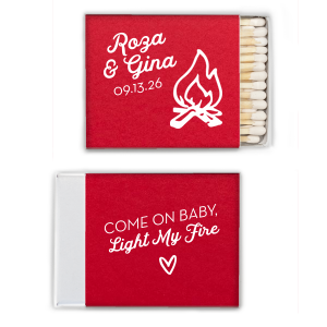 Got a spark to ignite? Turn up the heat with the Light My Fire Match. Paying a groovy homage to The Doors' classic, these matches are sure to set the mood. Complete with campfire graphics and personal touches, they're the perfect fiery favor!