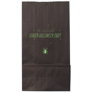 Creep it real with the Spider Halloween Bag, where a spooky spider dangles from eerie lettering. Perfect for adding a frightful flair, this bag invites personalization on two lines, ensuring each treat—and trick—is wrapped in Halloween spirit. Give your guests a scare they'll remember!