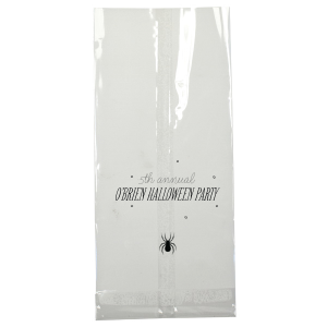 Creep it real with the Spider Halloween Bag, where a spooky spider dangles from eerie lettering. Perfect for adding a frightful flair, this bag invites personalization on two lines, ensuring each treat—and trick—is wrapped in Halloween spirit. Give your guests a scare they'll remember!