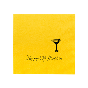 The Martini Glass Script Birthday Napkin features playful script lettering and a sleek glass martini glass illustration for a festive tabletop accent. Choose it to elevate party settings with a toast-ready detail guests notice. Great for birthday toasts!