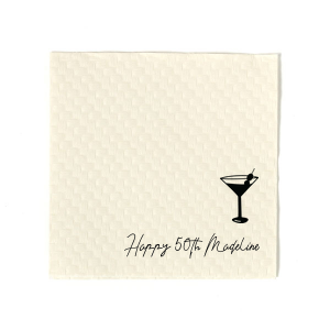 Celebrate in style with the sophisticated Martini Glass Script Birthday Napkin. Featuring a chic, cursive script, these napkins will add an elegant touch to your party decor when customized with your name. Perfect for a martini themed birthday celebration, these napkins are sure to impress your guests and make a milestone occasion extra special.