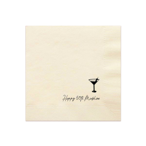 The Martini Glass Script Birthday Napkin features playful script lettering and a sleek glass martini glass illustration for a festive tabletop accent. Choose it to elevate party settings with a toast-ready detail guests notice. Great for birthday toasts!