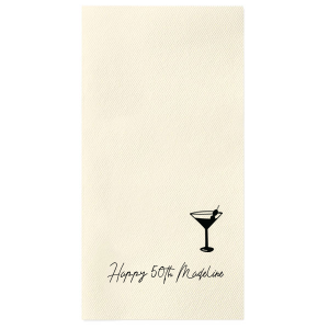 The Martini Glass Script Birthday Napkin features playful script lettering and a sleek glass martini glass illustration for a festive tabletop accent. Choose it to elevate party settings with a toast-ready detail guests notice. Great for birthday toasts!