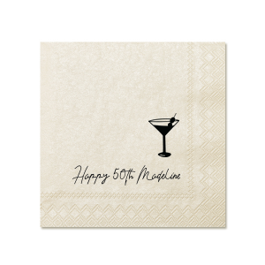 The Martini Glass Script Birthday Napkin features playful script lettering and a sleek glass martini glass illustration for a festive tabletop accent. Choose it to elevate party settings with a toast-ready detail guests notice. Great for birthday toasts!