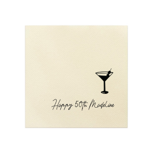 The Martini Glass Script Birthday Napkin features playful script lettering and a sleek glass martini glass illustration for a festive tabletop accent. Choose it to elevate party settings with a toast-ready detail guests notice. Great for birthday toasts!
