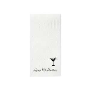 The Martini Glass Script Birthday Napkin features playful script lettering and a sleek glass martini glass illustration for a festive tabletop accent. Choose it to elevate party settings with a toast-ready detail guests notice. Great for birthday toasts!
