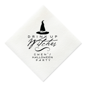Ready to bewitch your guests? The Drink Up Witches Halloween Napkin is your spellbinding solution! With a bold black witch's hat perched over the dramatic “Drink Up Witches” in spooky, scrolling script, this napkin promises to turn any Halloween gathering into a wickedly good time!