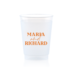 The Pasta Party Names Cup features bold modern typography of the couple’s names paired with elegant script accents for a stylish, contemporary look. Order yours to serve drinks with a custom touch guests will remember. Lovely for wedding receptions or dinner celebrations.