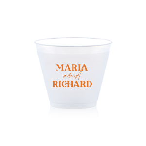 The Pasta Party Names Cup features bold modern typography of the couple’s names paired with elegant script accents for a stylish, contemporary look. Order yours to serve drinks with a custom touch guests will remember. Lovely for wedding receptions or dinner celebrations.