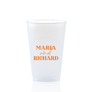 The Pasta Party Names Cup features bold modern typography of the couple’s names paired with elegant script accents for a stylish, contemporary look. Order yours to serve drinks with a custom touch guests will remember. Lovely for wedding receptions or dinner celebrations.