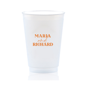 The Pasta Party Names Cup features bold modern typography of the couple’s names paired with elegant script accents for a stylish, contemporary look. Order yours to serve drinks with a custom touch guests will remember. Lovely for wedding receptions or dinner celebrations.