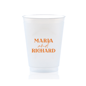The Pasta Party Names Cup features bold modern typography of the couple’s names paired with elegant script accents for a stylish, contemporary look. Order yours to serve drinks with a custom touch guests will remember. Lovely for wedding receptions or dinner celebrations.