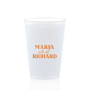 The Pasta Party Names Cup features bold modern typography of the couple’s names paired with elegant script accents for a stylish, contemporary look. Order yours to serve drinks with a custom touch guests will remember. Lovely for wedding receptions or dinner celebrations.