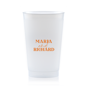 The Pasta Party Names Cup features bold modern typography of the couple’s names paired with elegant script accents for a stylish, contemporary look. Order yours to serve drinks with a custom touch guests will remember. Lovely for wedding receptions or dinner celebrations.