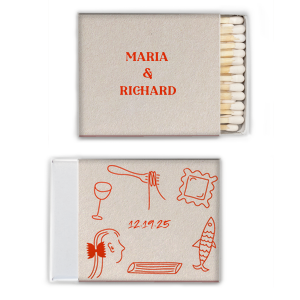 The Pasta Party Hand Drawn Matchbox is a trendy party accessory that will be a hit at your next event. Featuring a beautiful hand drawn design of eclectic images, you can personalize this matchbox with your names, the date, and location of your event. If you are having a pasta party rehearsal dinner, this is the matchbox for you.