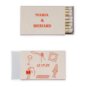 The Pasta Party Hand Drawn Matchbox is a trendy party accessory that will be a hit at your next event. Featuring a beautiful hand drawn design of eclectic images, you can personalize this matchbox with your names, the date, and location of your event. If you are having a pasta party rehearsal dinner, this is the matchbox for you.
