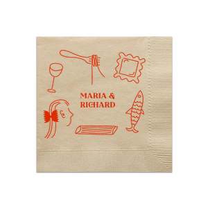 The Pasta Party Hand Drawn Napkin features a playful hand-drawn design of various pasta shapes and ingredients, creating a creative and eye-catching addition to your table setting. It will be the perfect way to add a touch of creative charm to your event.