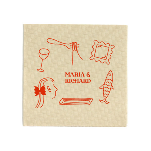 The Pasta Party Hand Drawn Napkin features a playful hand-drawn design of various pasta shapes and ingredients, creating a creative and eye-catching addition to your table setting. It will be the perfect way to add a touch of creative charm to your event.